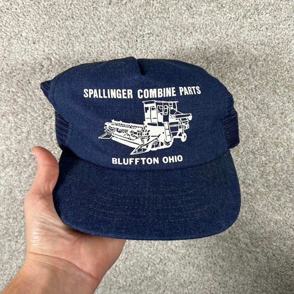 Vintage 80s blue denim farm equipment mesh trucker SnapBack hat cap